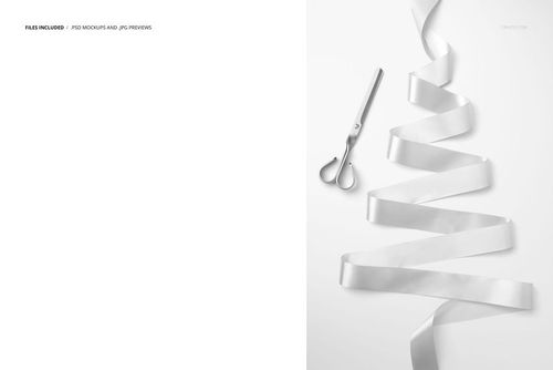 Christmas ribbon mockup featuring a folded white ribbon and scissors, displayed on a minimalist, bright background.