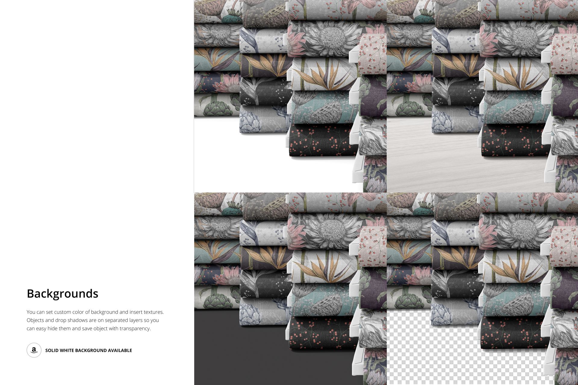 Fabric bolts mockup with different colored and patterned textiles, presented in organized piles against a clean white background.