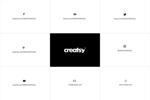 Grid layout displaying Creatsy logo in the center, surrounded by social media icons and contact information on a white background.