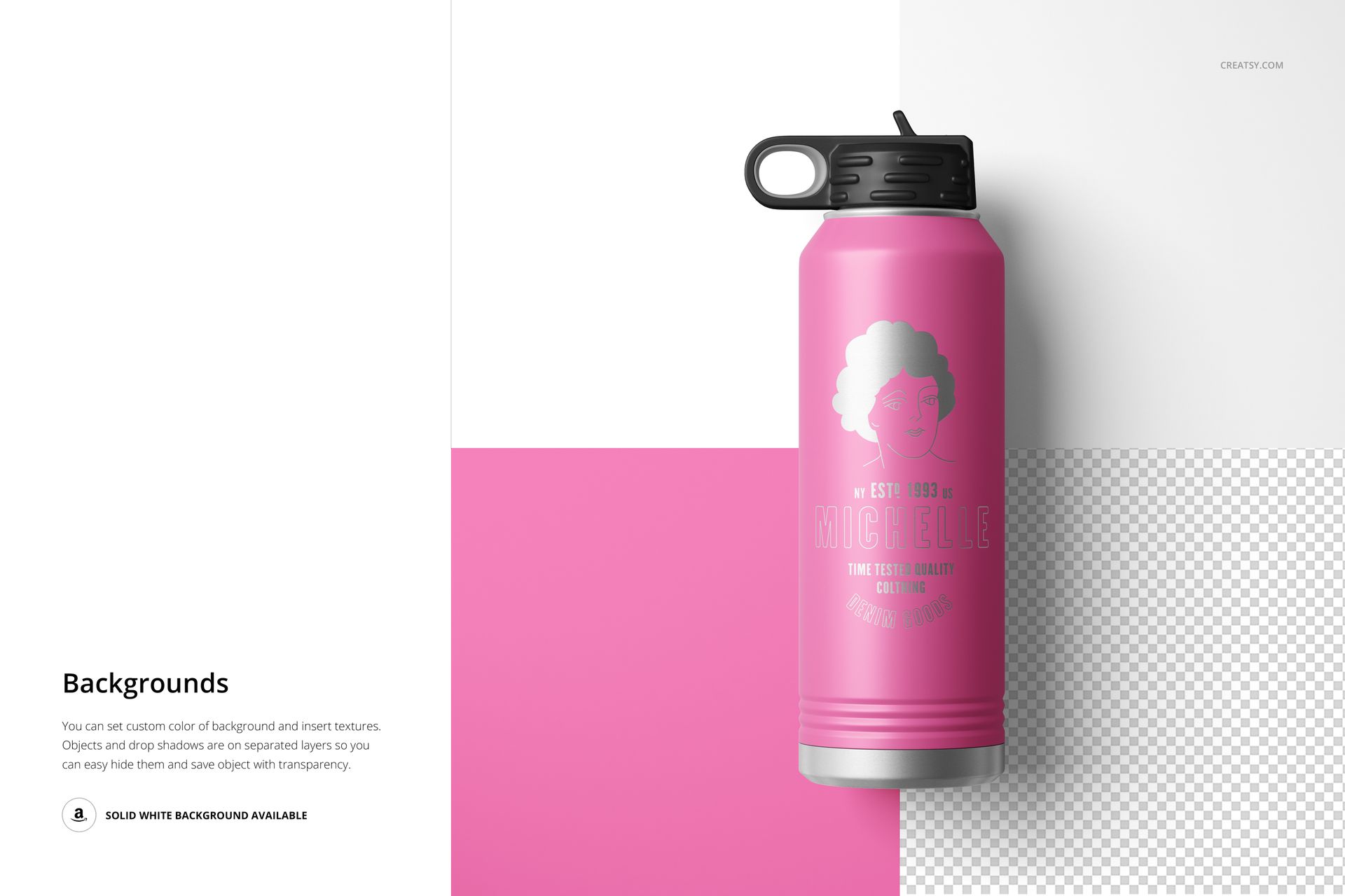Powder coated 40 oz. water bottle mockup with pink body and black lid, shown from a top angle on a split background.