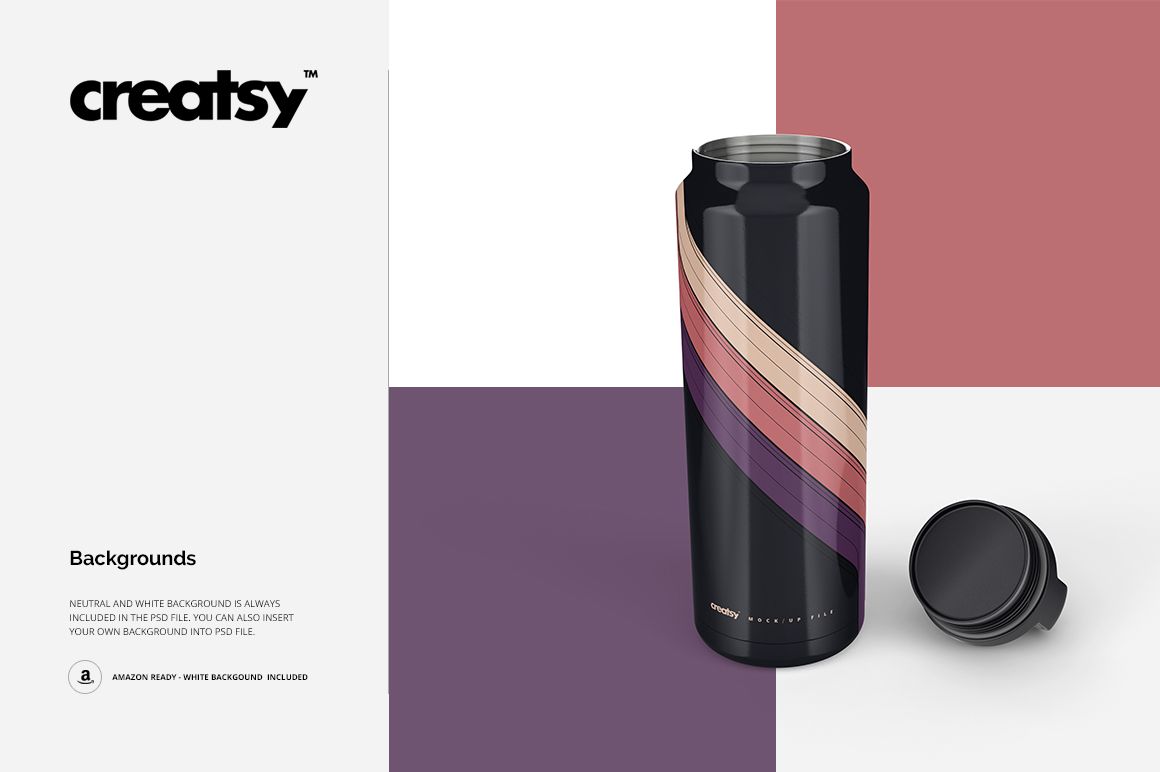 Mockup of a 36oz vacuum tumbler in black with curved pastel stripes, displayed on a geometric background with lid beside.