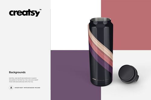 Mockup of a 36oz vacuum tumbler in black with curved pastel stripes, displayed on a geometric background with lid beside.