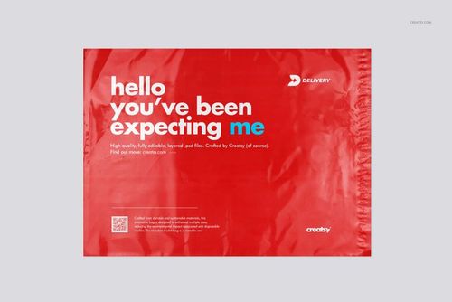 Red poly mailer packaging mockup shown from a front view, featuring bold white and blue text and a delivery icon.