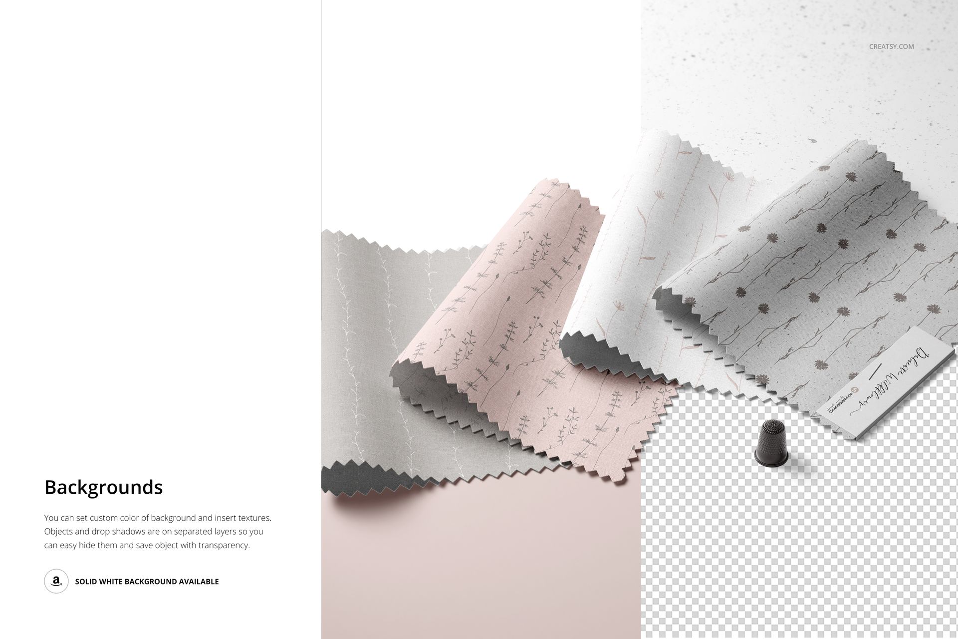 Fabric swatches mockup showing three rectangular cloth samples in pastel pink, white, and gray with subtle patterns.
