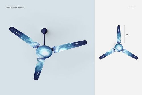 Ceiling fan mockup with three blades, featuring a blue and white galaxy pattern, shown from a bottom view.