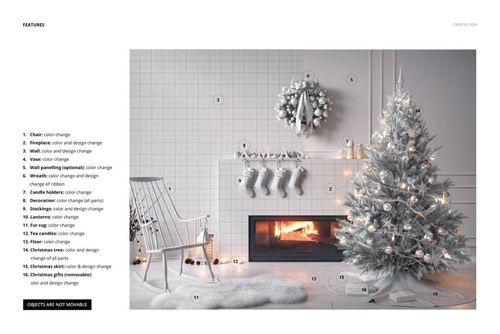 Front view of a Christmas tree skirt mockup scene with a decorated tree, stockings on a fireplace, and a white rocking chair.