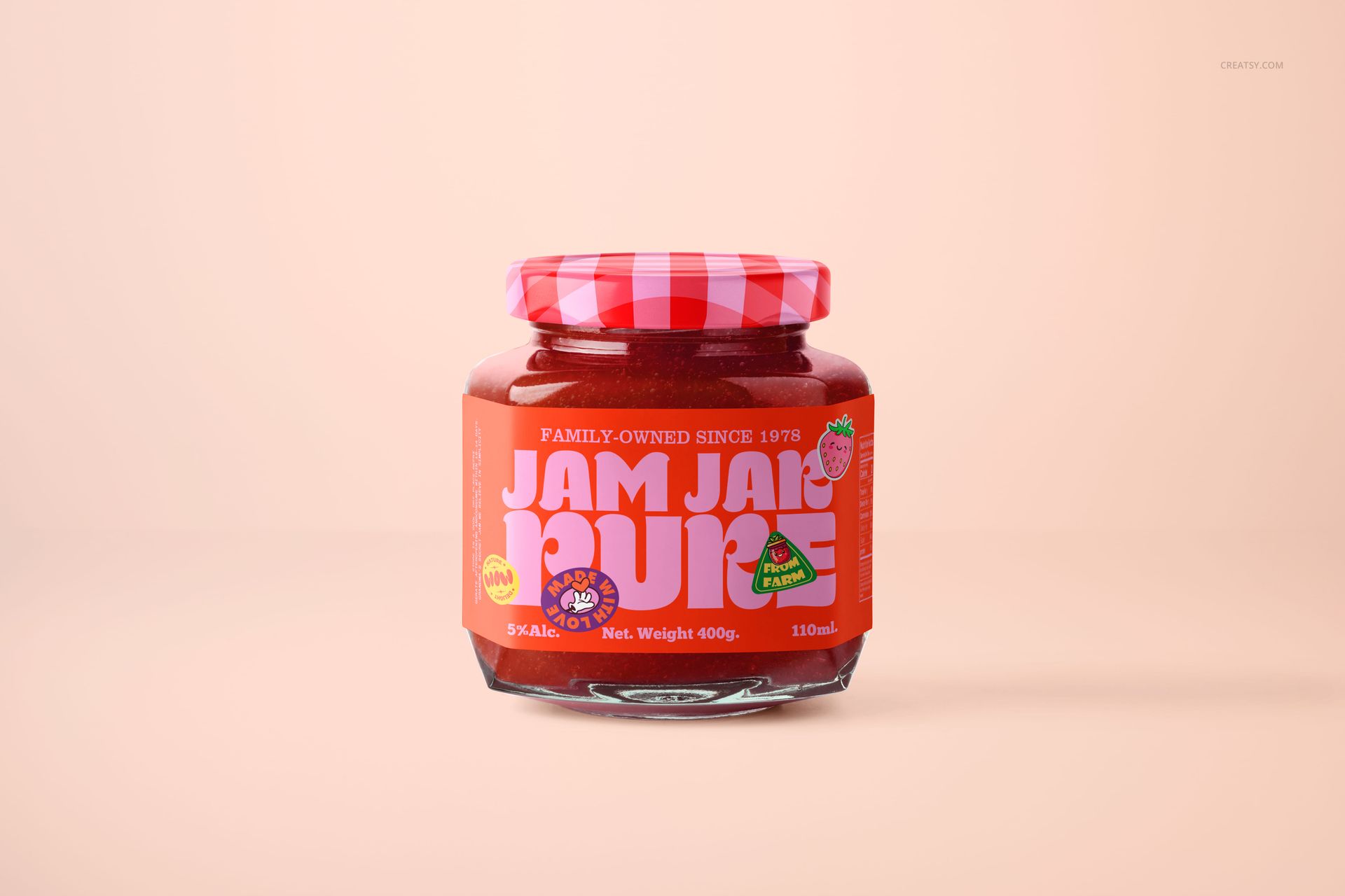 Glass jam jar mockup featuring a red jam, patterned lid, and colorful label, displayed against a light peach backdrop.