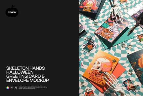 Halloween greeting card and envelope mockup featuring skeleton hands, colorful cards, and festive props on a patterned surface.