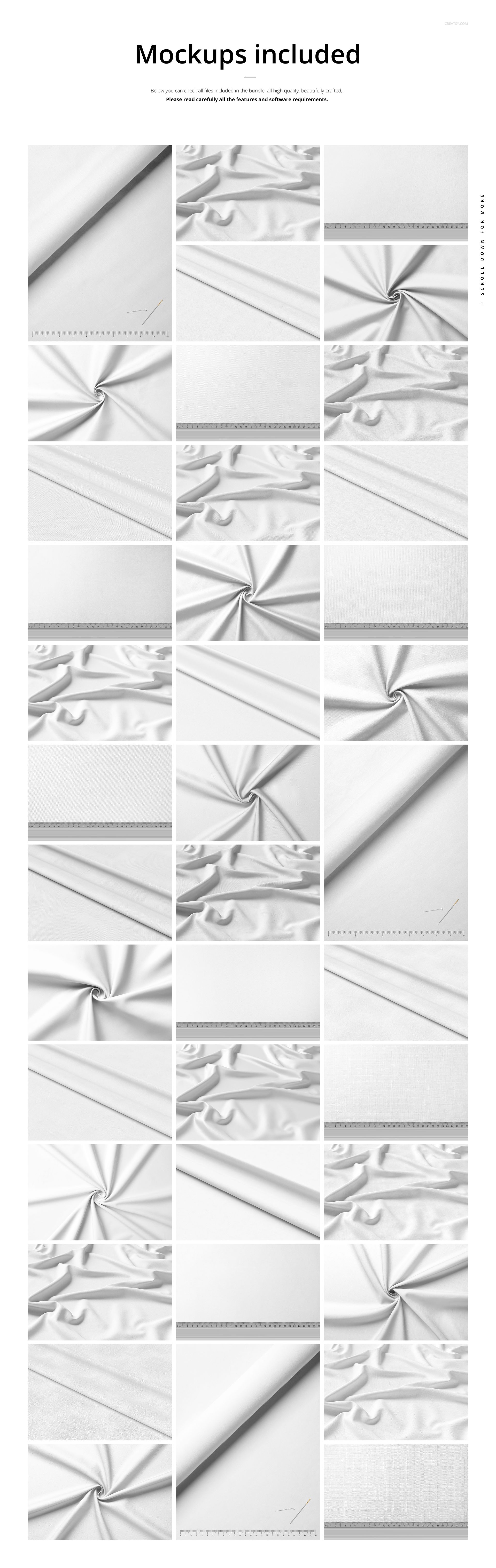 Collection of fabric mockups featuring various folds, creases, and draped textures in white, shown from a top view.