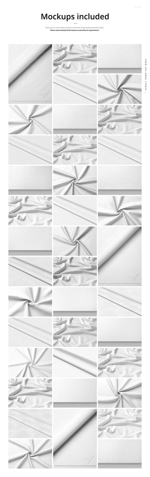 Collection of fabric mockups featuring various folds, creases, and draped textures in white, shown from a top view.