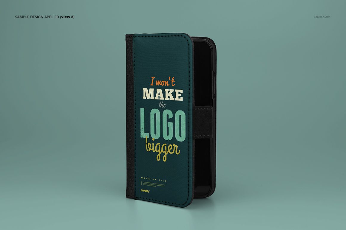 Foldable iPhone X case mockup standing upright on a solid teal background, featuring a printed text design.