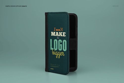 Foldable iPhone X case mockup standing upright on a solid teal background, featuring a printed text design.
