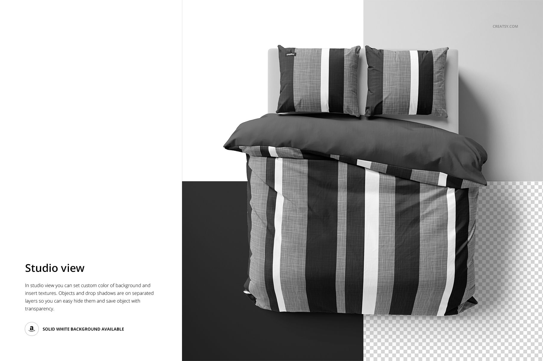 Top view of a double bed mockup set with striped bedding and pillows in monochrome colors, set against a split background.