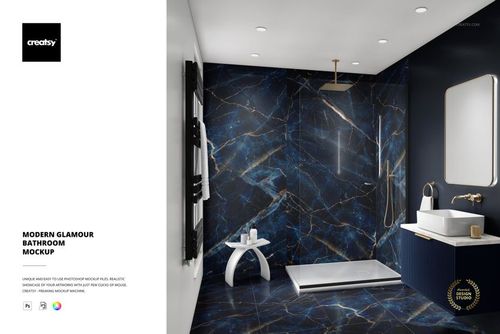 Modern bathroom mockup featuring dark blue marble walls, white fixtures, and gold accents, shown from a wide front view.