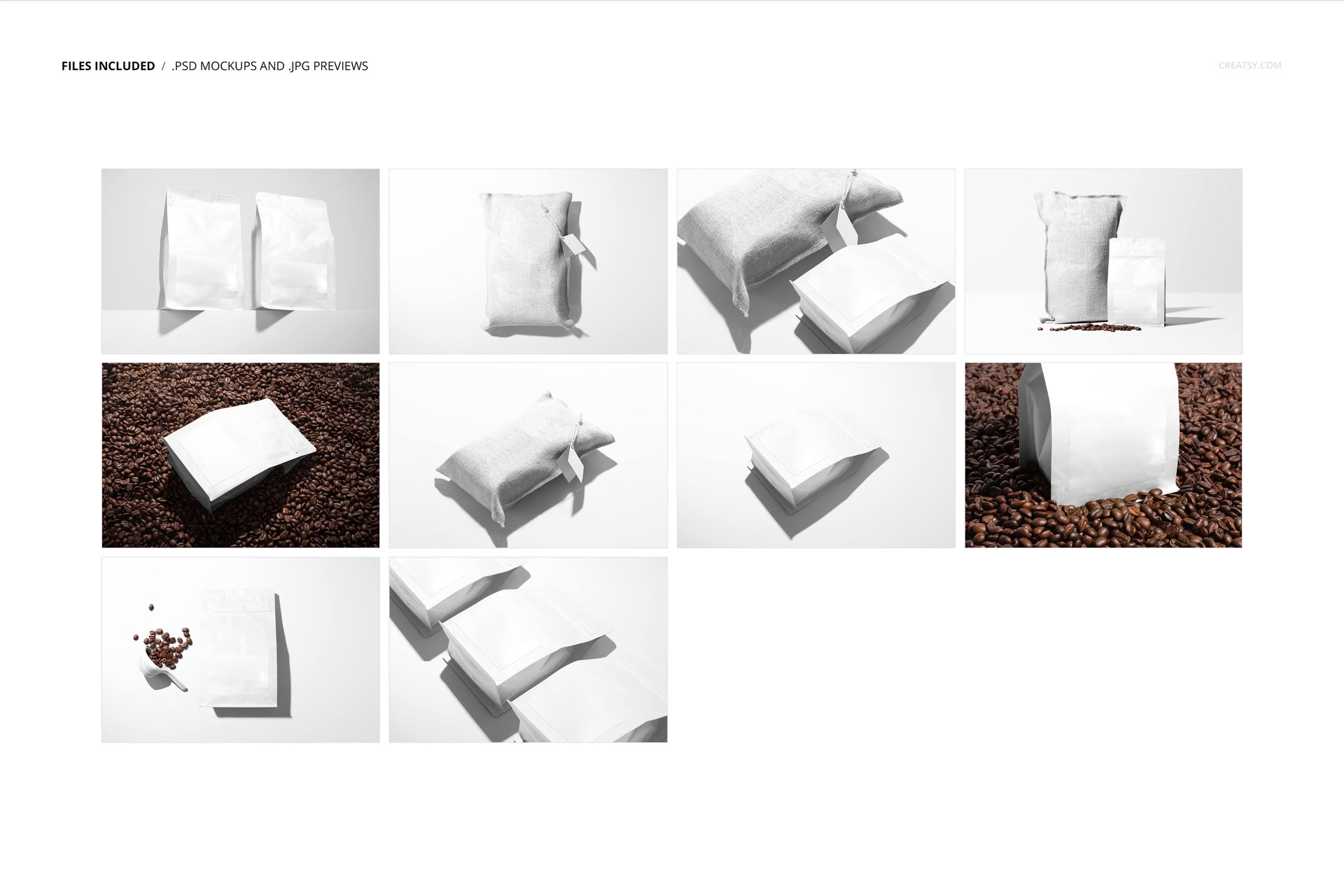 Various white coffee bag mockups displayed on a white background, shown from multiple angles including front and top views.