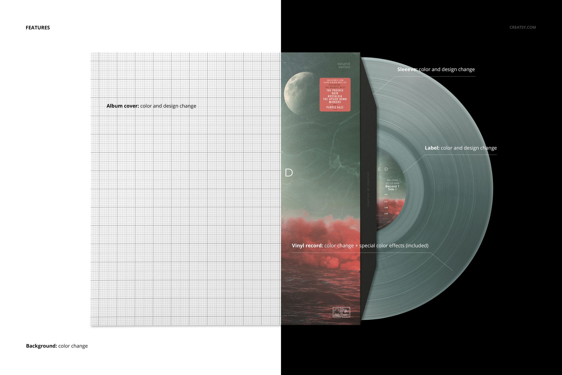 PSD mockup displaying a colored vinyl record and album cover, viewed from the top with a divided background and grid pattern.