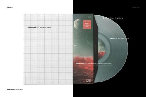 PSD mockup displaying a colored vinyl record and album cover, viewed from the top with a divided background and grid pattern.