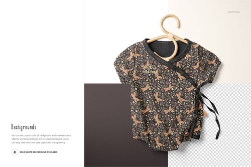 Front view of a muslin onesie mockup with a floral and butterfly pattern, displayed on a wooden hanger over split backgrounds.