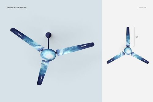 Ceiling fan mockup with three blades featuring a blue galaxy design, shown from a bottom view against a light background.