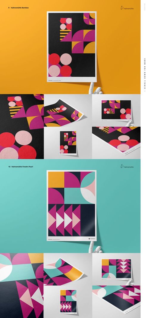 A3 fine art print mockups featuring bold geometric shapes in vibrant colors, arranged on orange and teal surfaces.