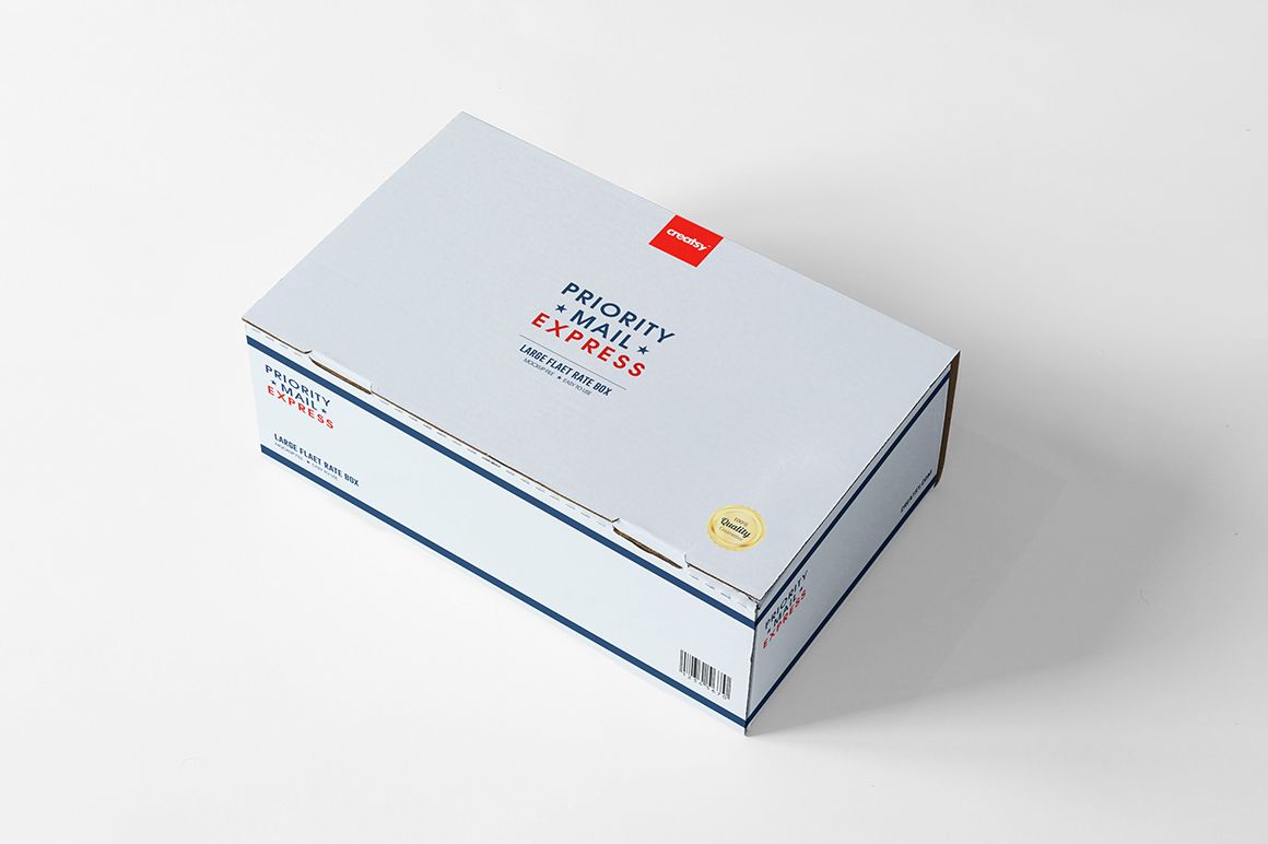 Mockup of a white mailing box featuring blue and red text, displayed at an angle against a plain white surface.