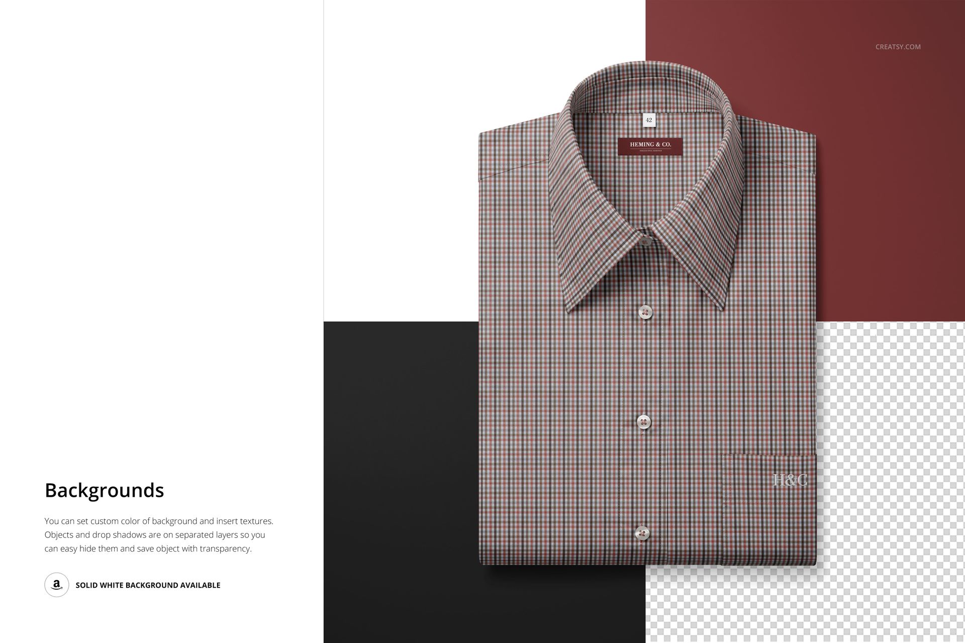 Top view of a folded dress shirt with a pointed collar and small check design, shown on a PSD mockup background.