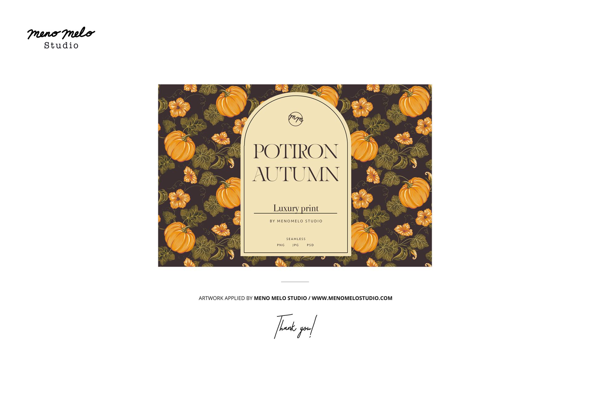 Front view of a fabric pumpkin mockup with an autumn-themed pattern featuring orange pumpkins and yellow flowers.