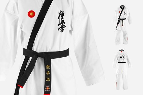 Karate kimono PSD mockup set displaying front and back views, white fabric with black belt and embroidered details.