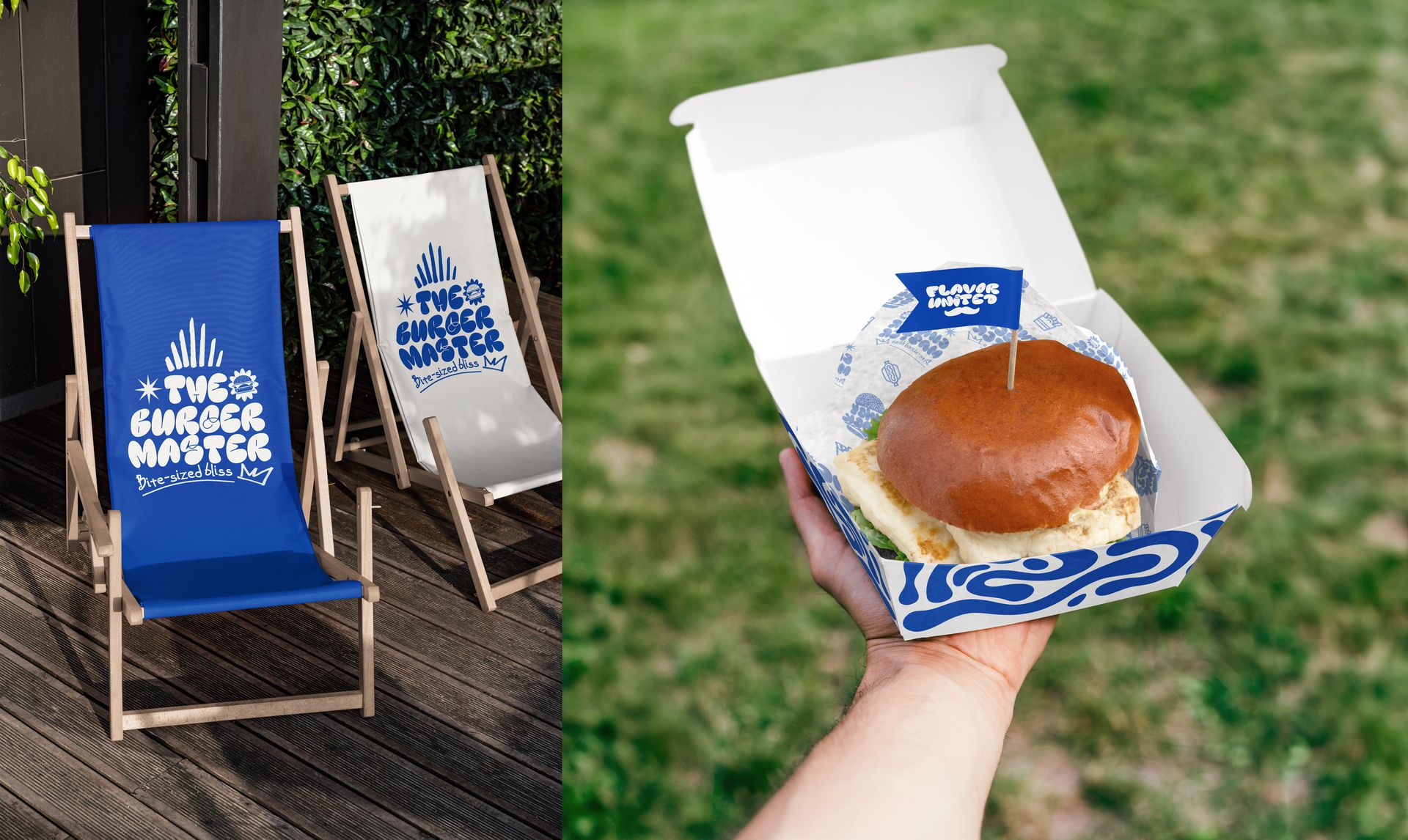 Vegan burger bar PSD mockup showing a burger in a branded box and two blue deck chairs with printed graphics.