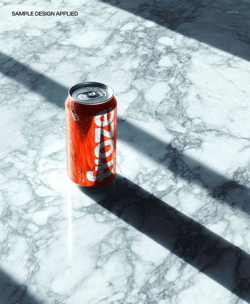 Red soda can mockup placed on a glossy marble tabletop, featuring water droplets and strong shadows.