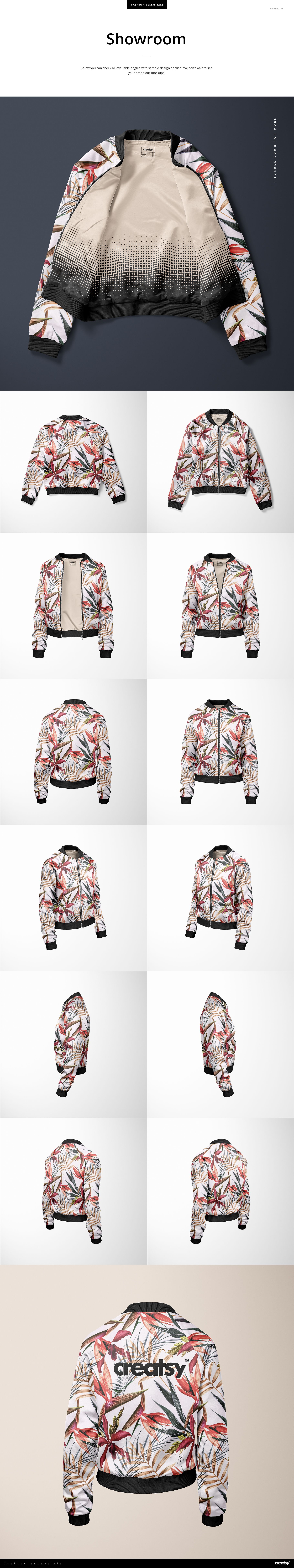 Women's bomber jacket mockup featuring a floral pattern, displayed in various views including flat lay and ghosted perspectives.