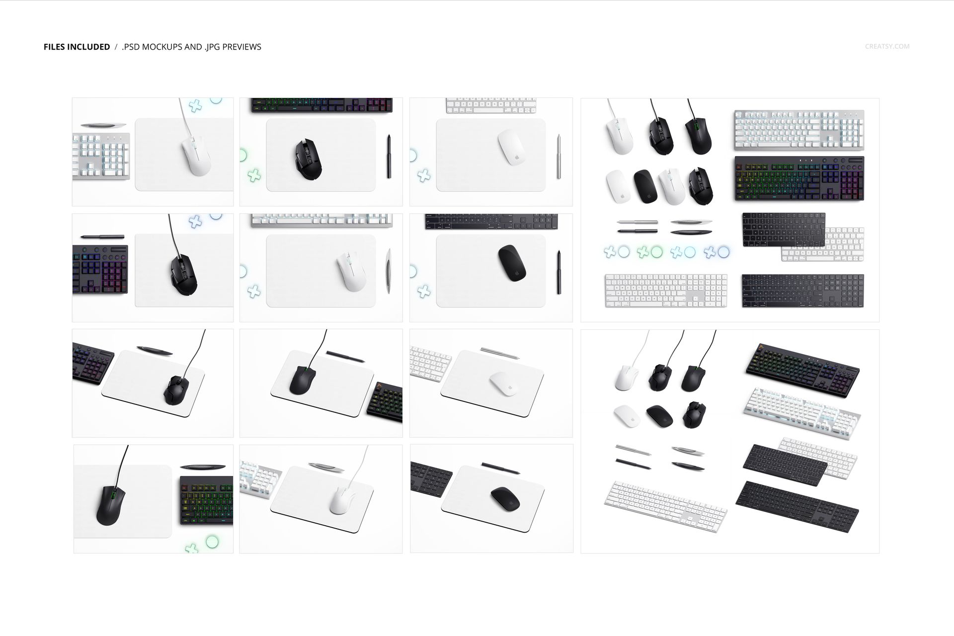 Collection of gaming mouse pad mockup scenes with various keyboards, mice, and props on white backgrounds.