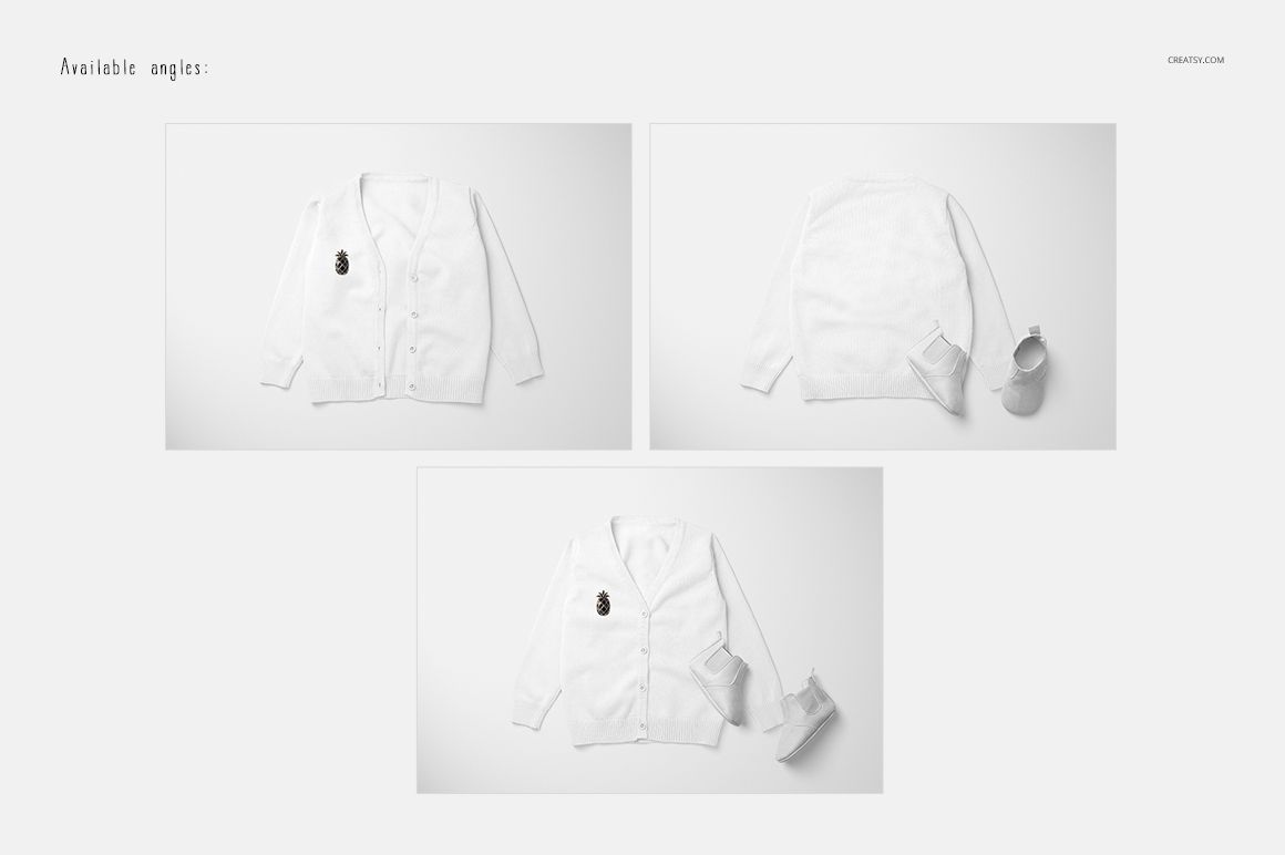 White baby cardigan sweater mockup displayed from three angles on a light background, with shoes and a cup as props.