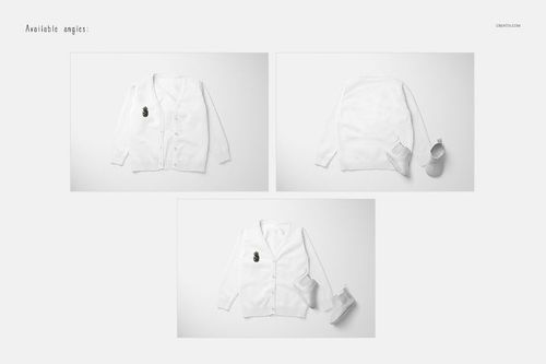 White baby cardigan sweater mockup displayed from three angles on a light background, with shoes and a cup as props.
