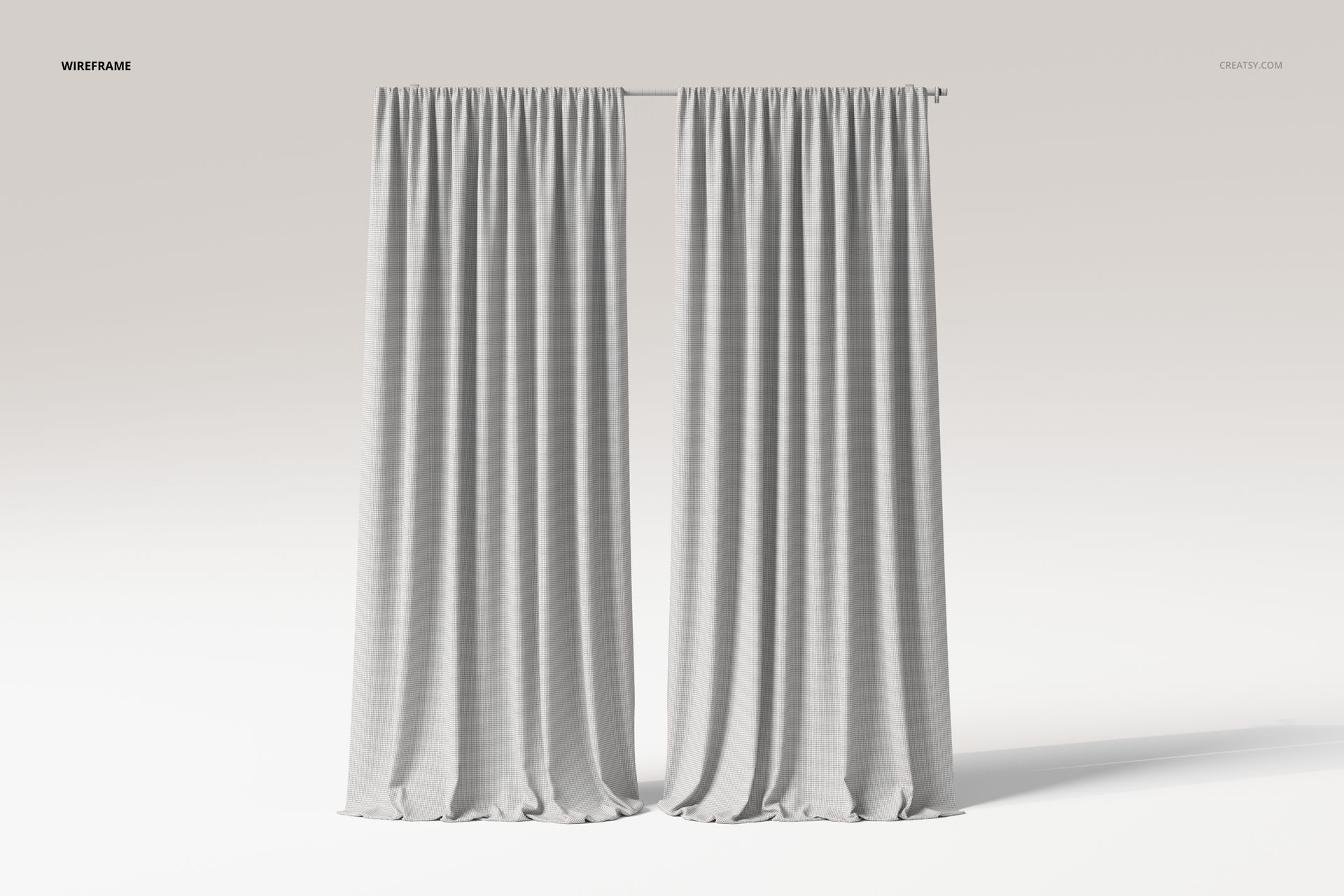 Front view of two flowing curtains in a neutral light gray color, hanging from a rod against a plain background.