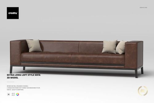 Extra long loft style sofa with brown leather upholstery, two beige throw pillows, and black metal legs, front view.