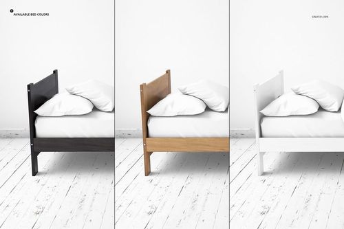 Front view of three single beds in a kids bedroom mockup, each with white bedding and different bed frame colors.