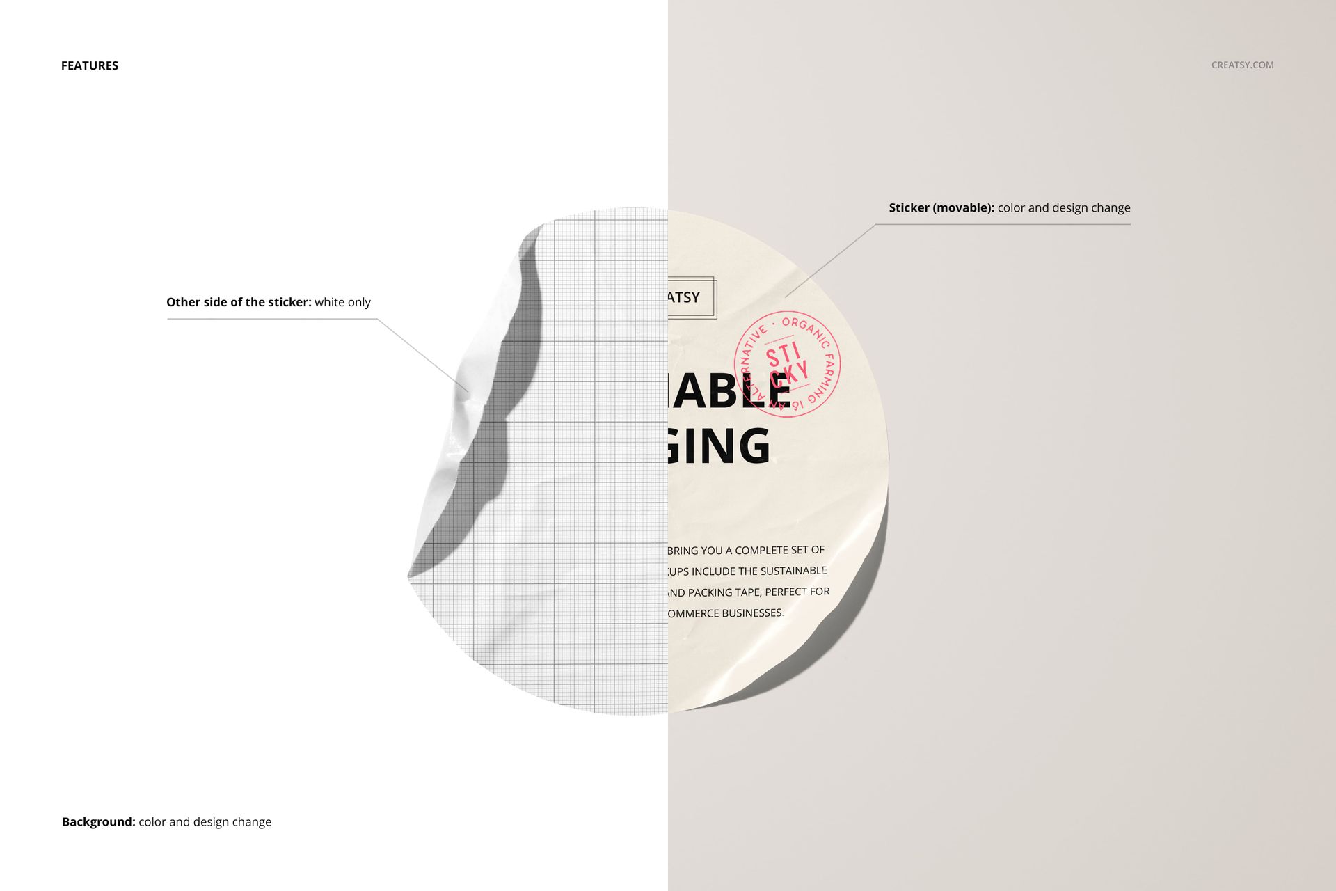 Crumpled round sticker mockup shown in close-up, half peeled to reveal white underside, on a neutral background.