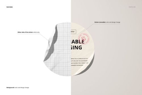 Crumpled round sticker mockup shown in close-up, half peeled to reveal white underside, on a neutral background.