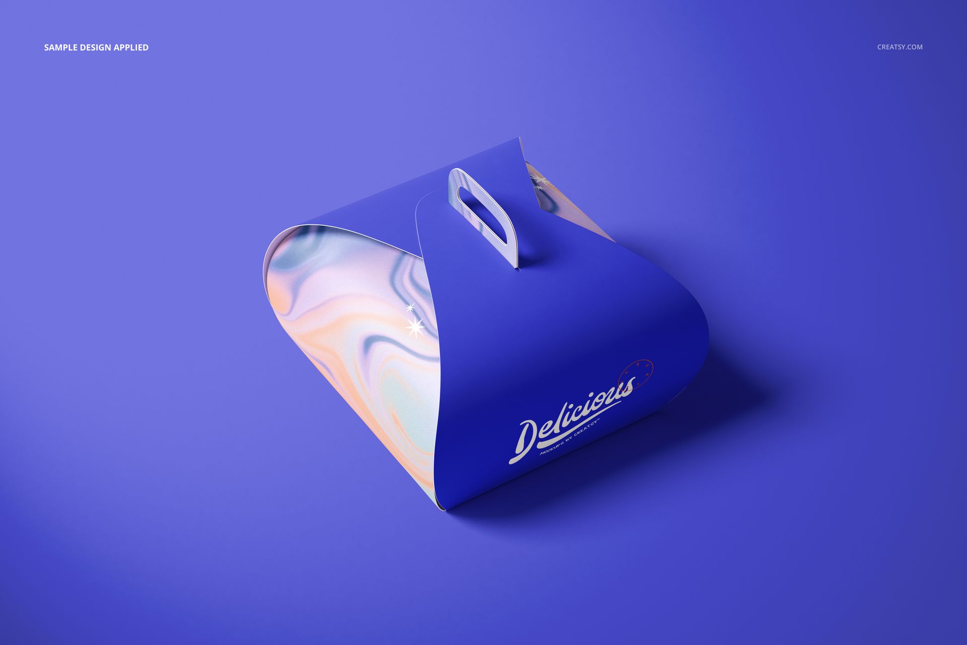 Curved cake box mockup featuring a purple top, white handle, and swirled pastel side, viewed from the front.