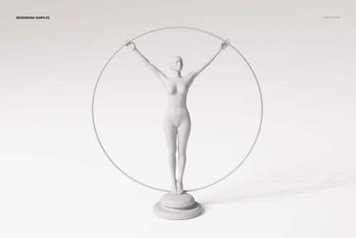 White classical woman sculpture standing on a round base, holding up a large circular ring, front view on plain background.