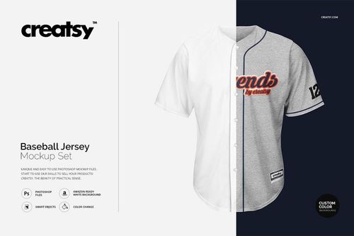 Baseball jersey mockup showing a split design with white on the left and gray on the right, front view on plain background.