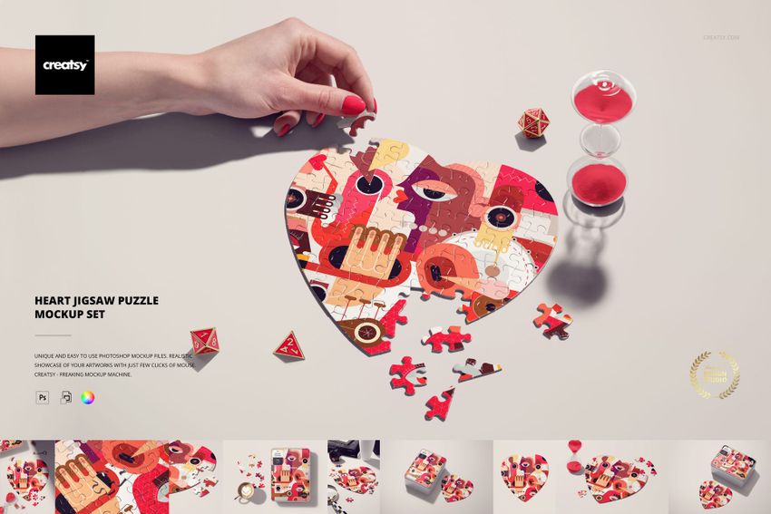 Heart-shaped jigsaw puzzle with colorful abstract design, viewed from above, hand placing a piece, mockup scene.
