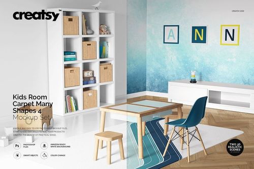 Kids room carpet mockup featuring a rectangular rug with light blue border, placed under a wooden table in a modern playroom.