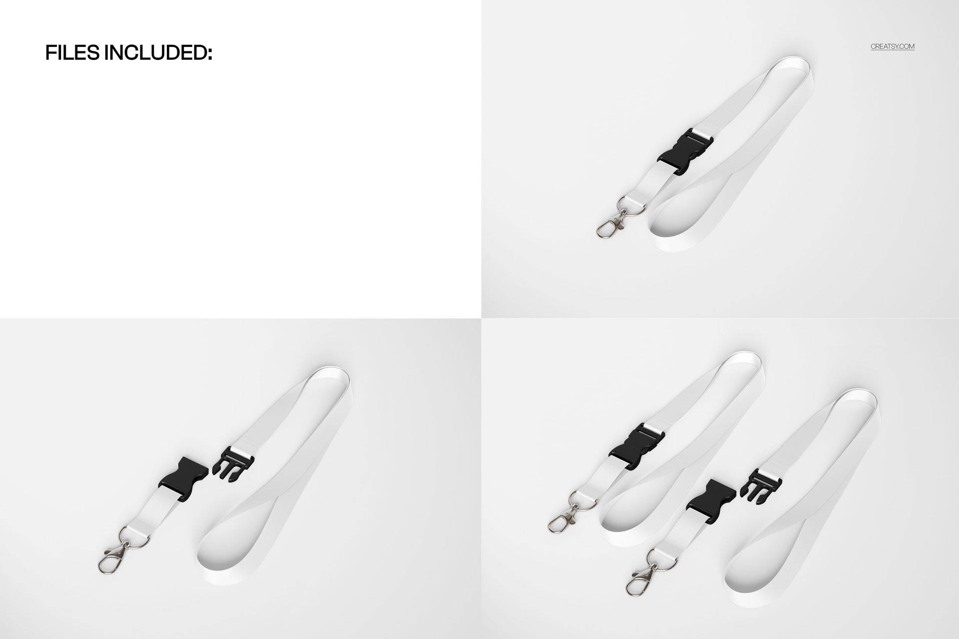 Three detachable lanyards mockup showing white straps, metal hooks, and black buckles arranged on a clean surface.