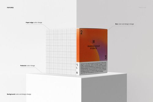 Square box mockup with grid pattern on one side and orange gradient design on the other, shown on a white pedestal.