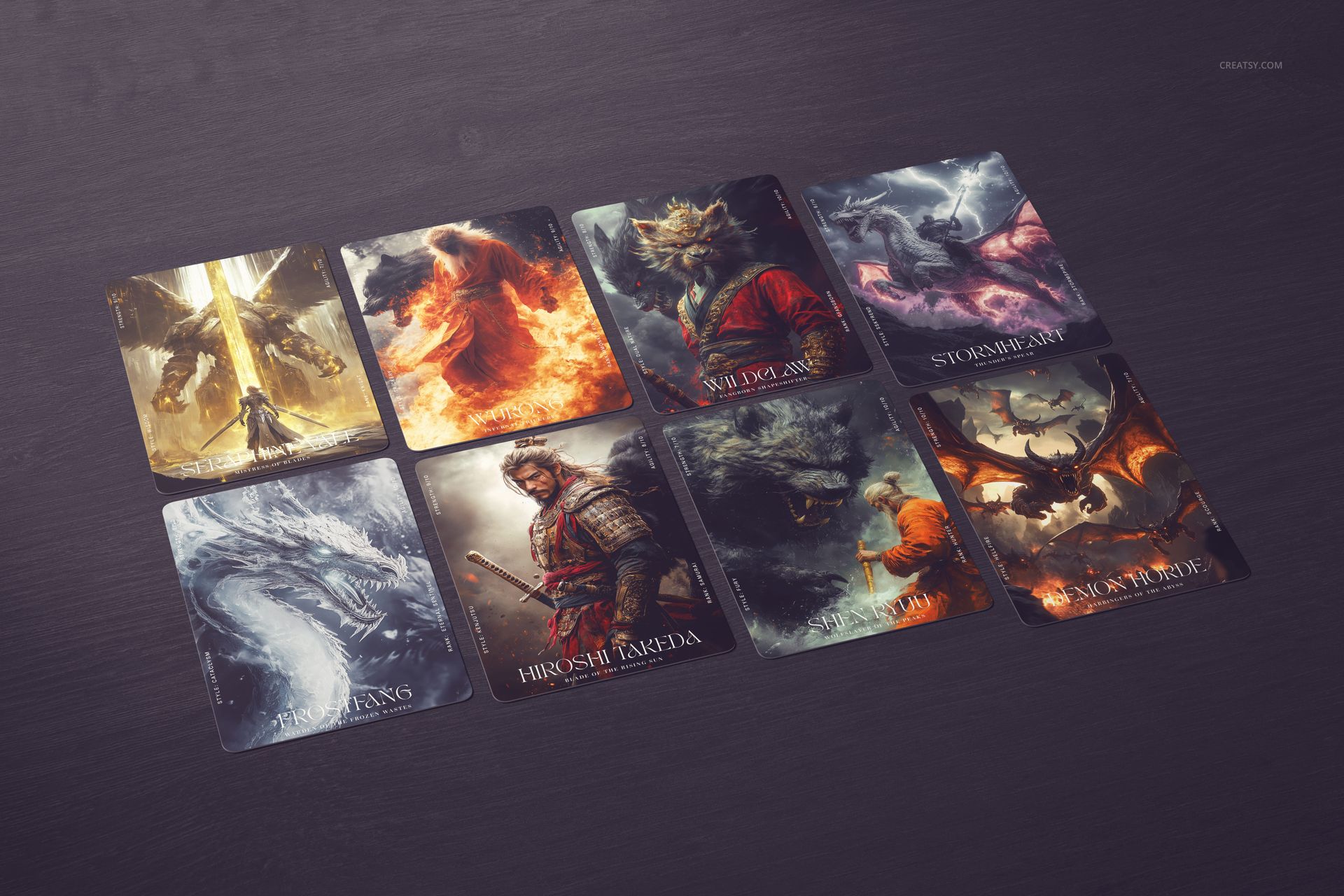 Fantasy trading cards laid out side by side, showing detailed illustrations and bold color contrasts in a mockup.