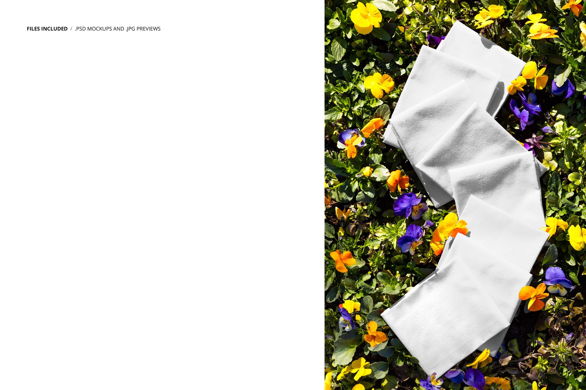 Multiple white fabric pieces displayed on blooming pansies, photographed from above in a PSD mockup scene.