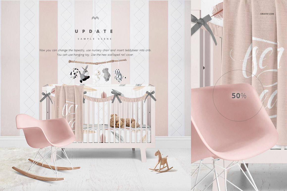 Front view of a baby room mockup with a white crib, pastel bedding, pink rocking chair, and wooden toys on a light floor.