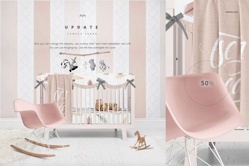 Front view of a baby room mockup with a white crib, pastel bedding, pink rocking chair, and wooden toys on a light floor.
